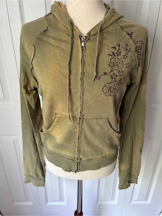 Urban Outfitters Tops - Urban Outfitters Olive Green Zip-Up Hoodie with Floral Print